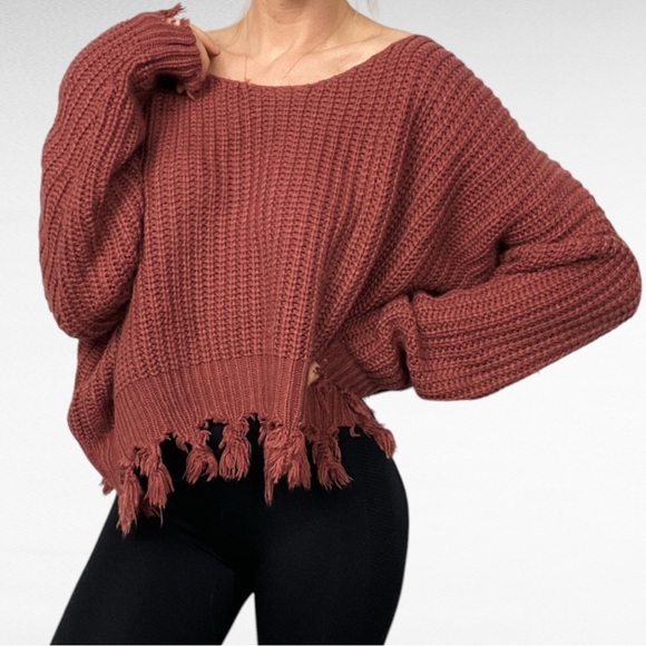 Miracle Sweaters - Miracle USA | Washed Maroon Distressed Off Shoulder Fringed Oversized Sweater
